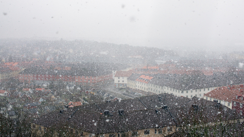 Ymnigt snöfall utanför fönster med utsikt över kvarter av landshövdingahus.